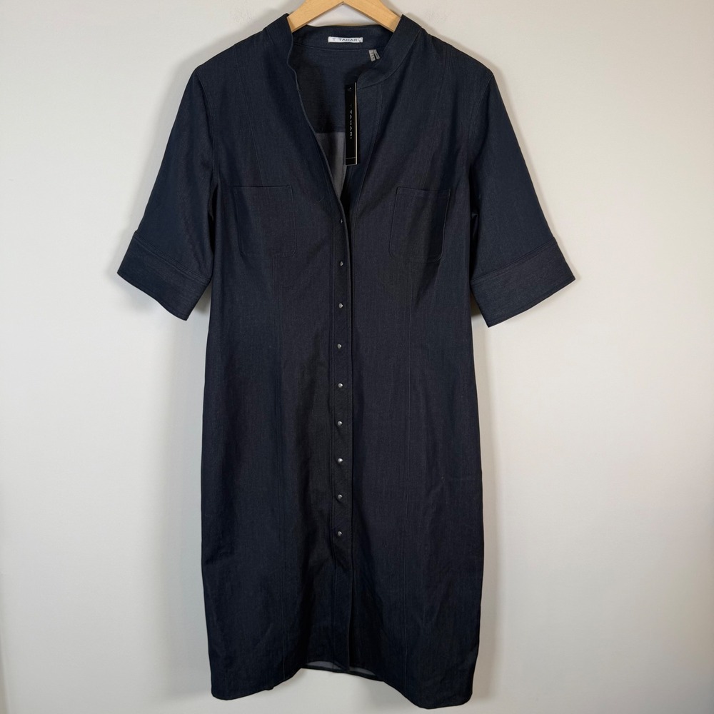 NEW T Tahari Avona Shirt Dress Size 12 Chambray Blue Denim Look Short Sleeve NWT